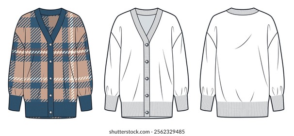 Long Knit Cardigan technical fashion illustration, plaid pattern. Sweater fashion technical drawing template, buttons, oversize, front, back view, white, blue, mocha, women, men, unisex CAD mockup.