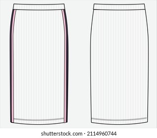 LONG KNIT RIBBED SKIRT WITH TAPE DETAIL FOR WOMEN AND TEEN GIRLS IN EDITABLE VECTOR FILE