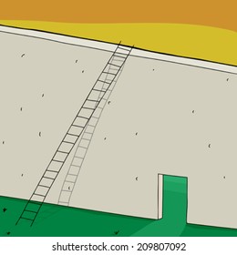 Long ladder at tall wall with open doorway