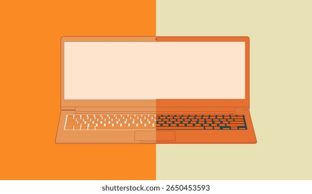 Long laptop design. A strange minimalist illustration of a laptop featuring a vibrant colors background. Showcasing a clean and unique aesthetic perfect for tech and design themes.