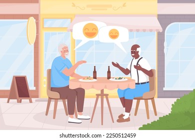 Long lasting friendship flat color vector illustration. Older friends laughing together and having lunch at cafe. Fully editable 2D simple cartoon characters with cafe exterior on background