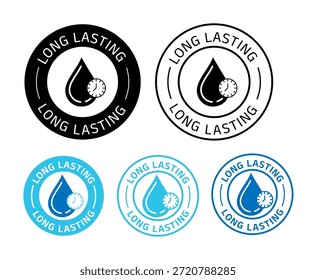 'Lang anhaltende' Ikonensatz mit einem Wassertropfen mit Uhrensymbol innerhalb kreisförmiger Abzeichen. Sauberes modernes Flachdesign in schwarzen, weißen und blauen Farbvarianten. Vektorgrafik