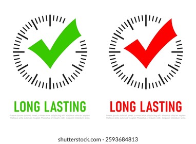 Long lasting vector icon isolated on white background. Timer abstract pictogram with clock face and check mark. Accurate time web design concept.
