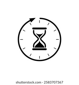 Long lasting vector web icon isolated on white background. Full day and night 24 hours lasting effect. Vector timer pictogram with hourglass clock and back arrow, simple flat design.