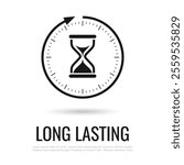 Long lasting web icon isolated on white background. Full day and night 24 hours lasting effect. Vector timer pictogram with hourglass clock and back arrow, simple flat design.