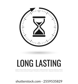 Long lasting web icon isolated on white background. Full day and night 24 hours lasting effect. Vector timer pictogram with hourglass clock and back arrow, simple flat design.