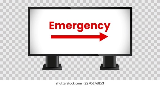 A long LCD display mock up on transparency background, with emergency text on screen, Digital kiosk LED display vector illustration