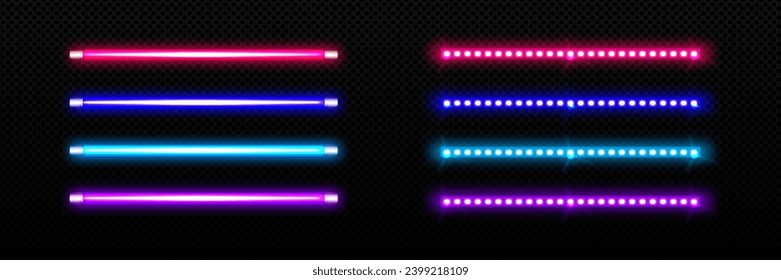 Lámparas LED largas en tubo y rayas con luz de neón brillante. Ilustración vectorial realista de bombillas eléctricas rectas fluorescentes luminosas. La decoración de las discotecas es floja, con vigas.