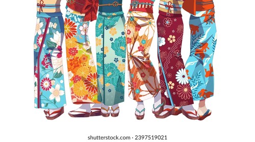 Long legs of group of girls. Anime manga girl wearing Japanese kimono. Vector illustration on isolated background