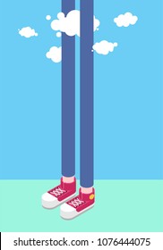 Long legs man and clouds. Tall man. Sneakers Isometrics Style
