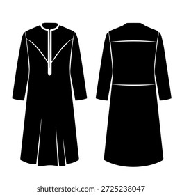 Túnica larga de kaftan con cuello de mandarina y detalle plisado vista trasera delantera Ilustración vectorial de silueta de moda para ropa étnica modesta