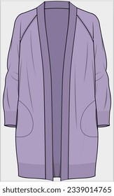 LONG LENGTH RAGLAN SLEEVES CARDIGAN WITH CIRCULAR POCKET DETAIL DESIGN FOR WOMEN AND GIRLS IN EDITABLE VECTOR FILE