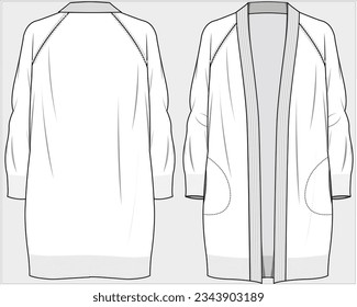 LONG LENGTH RAGLAN SLEEVES CARDIGAN WITH CIRCULAR POCKET DETAIL DESIGN FOR WOMEN AND GIRLS IN EDITABLE VECTOR FILE