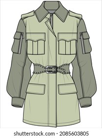 LONG LENGTH SAFARI PARKA WITH UTILITY POCKET DETAIL DESIGNED FOR WOMEN AND TEEN GIRLS IN VECTOR ILLUSTRATION