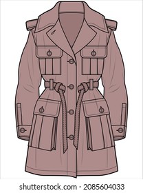 LONG LENGTH SAFARI PARKA WITH UTILITY POCKET DETAIL DESIGNED FOR WOMEN AND TEEN GIRLS IN VECTOR ILLUSTRATION