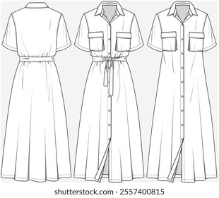 LONG LENGTH SHIRT DRESS WITH UTILITY POCKET DETAIL DESIGNED FOR YOUNG WOMEN AND WOMEN IN VECTOR FILE