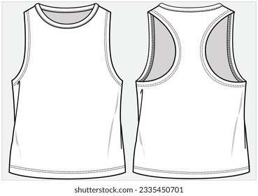 LONG LENGTH SPORTY RACER BACK SLEEVELESS ATHLEISURE PERFORMANCE KNIT TOP DESIGN FOR WOMEN AND GIRLS IN VECTOR FILE