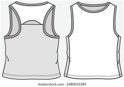 LONG LENGTH SPORTY RACER BACK SLEEVELESS ATHLEISURE PERFORMANCE KNIT TOP WITH CUT OUT DETAIL DESIGNED FOR TEEN GIRLS AND KID GIRLS IN VECTOR FILE