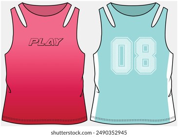 LONG LENGTH SPORTY RACER BACK SLEEVELESS ATHLEISURE PERFORMANCE KNIT TOP WITH CUT OUT DETAIL DESIGNED FOR TEEN GIRLS AND KID GIRLS IN VECTOR FILE