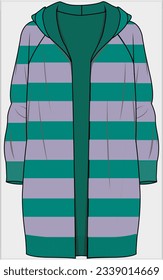 LONG LENGTH STRIPER HOODIE CARDIGAN WITH LONG RAGLAN SLEEVES DESIGN FOR WOMEN AND GIRLS IN EDITABLE VECTOR FILE