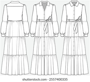 LONG LENGTH TIERED DRESS WITH FRONT OPEN SELF BELT TIE UP DETAIL DESIGNED FOR YOUNG WOMEN AND WOMEN IN VECTOR FILE