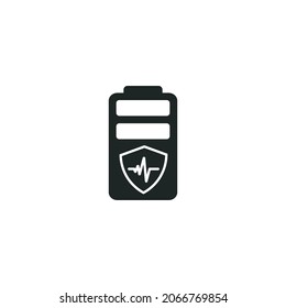 Long life battery icon isolated of flat style design. Battery icon with shield and heart beat sign.