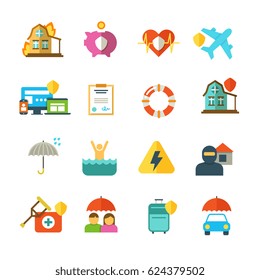 Long life insurance vector flat icons. Family money protection symbols