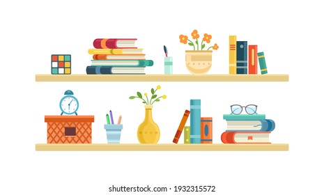 Long light bookshelf, office shelf, wall, interior, bookshelf, library shelf. Flat vector illustration isolated on white background.