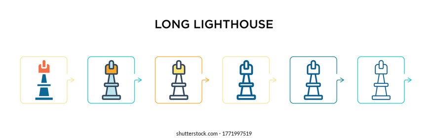 Long lighthouse vector icon in 6 different modern styles. Black, two colored long lighthouse icons designed in filled, outline, line and stroke style. Vector illustration can be used for web, mobile,