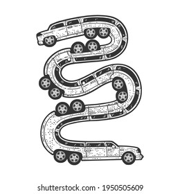 long limousine car like a snake sketch engraving vector illustration. T-shirt apparel print design. Scratch board imitation. Black and white hand drawn image.