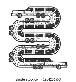 coche de limusina larga como un boceto de serpiente grabando ilustración vectorial. Diseño de impresión de ropa de camiseta. Imitación de tablero de raquetas. Imagen dibujada a mano en blanco y negro.