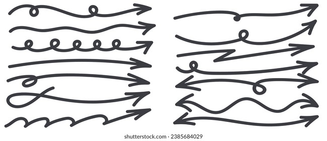 Long line arrow. Thin doodle handwrited curve signs. Black vector horizontal pointings. Marker drawing set
