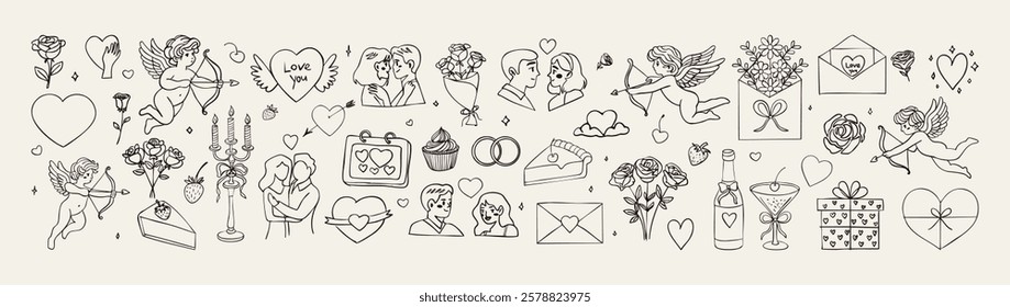 A long line of black and white drawings of hearts, flowers, and other symbols. Scene is romantic and sentimental