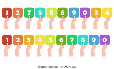 A long line of cartoon numbers on cards held in hands from 1 to 0