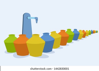 Long line of empty pots infront of a public water tap. Concept for drinking water scarcity.