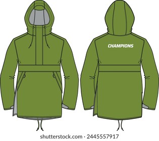 Long line Parka coat Hoodie jacket design flat sketch Illustration, Hooded Parka rain coat with front and back view, winter coat for Men and women for outerwear and long weather jacket