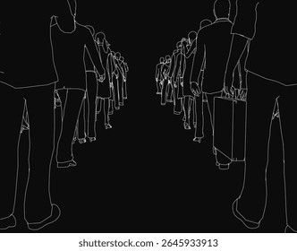 A long line of people walking down a street, each holding a suitcase in a black and white line drawing. The crowd moves in unison, creating a striking visual of travel or migration.