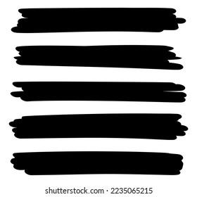 Lange Linien, horizontale Pinselzusammenstellungen mit Tinte. Schwarze, solide Vektorgrafik.