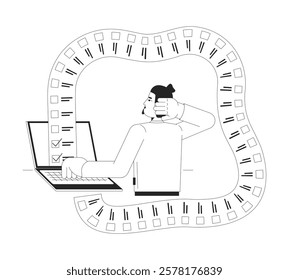 Long list tasks is overwhelming black and white 2D illustration concept. Endless work. Overload overburdened. Frustrated employee at laptop outline character isolated. Metaphor monochrome vector art