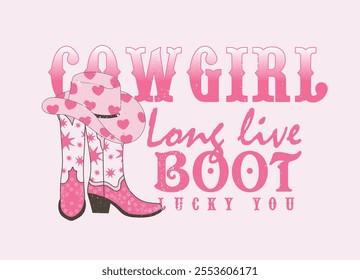 Long live boot Vintage Retro Cowgirl boots with cap, lettering and Wild West fashion style vector for invitation, t-shirt, packaging etc.