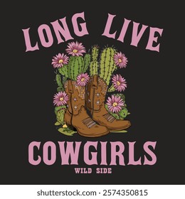 Long live cowgirl, cowgirl boots and western hat. Cactus with Sunflower Sunset .T-shirt or poster design of Long Live Cowgirls. Cowgirl boots with western Hat and rope. Graphic tee t shirt sweatshirt 