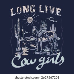 Long live Cowgirls. Desert vibes vector t-shirt design. Desert mountain graphics print artwork. Feel the sunset design. Cactus wild. Vintage design.