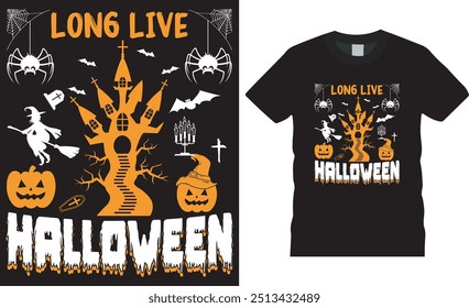 Larga vida a Halloween, Plantilla de Vector de diseño de camiseta fantasma de Halloween.  Mejor diseño de camiseta de Halloween con Vector y tipografía y fondo negro. Este diseño aterrador está listo para cualquier artículo de impresión. 