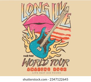 Long live music poster. Rock and roll vintage print design. Guitar with eagle wing vector artwork for apparel, stickers, posters, background and others. Lips music logo.