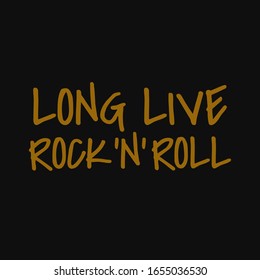 Lang lebe Rock n Roll. Inspiration Zitat, kreative Typografie-Kunst mit schwarz-goldenem Hintergrund.