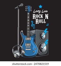 Long Live Rock and Roll slogan with electric guitar, microphone, headphone and speaker Vector Illustration for T-Shirt Apparel