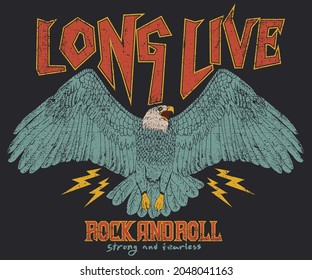 Long live rock and roll vintage vector t shirt print design. Eagle illustration for fashion, sticker and others