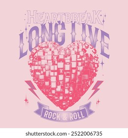 Long live rock and roll vintage vector t shirt print design. Heart illustration for fashion. Rock and roll vector graphic print design for apparel, stickers, posters, background and others