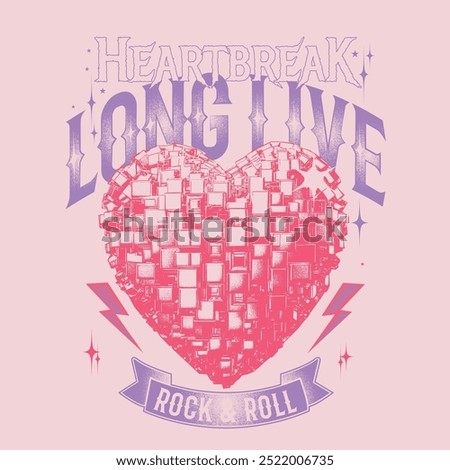 Long live rock and roll vintage vector t shirt print design. Heart illustration for fashion. Rock and roll vector graphic print design for apparel, stickers, posters, background and others