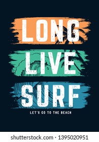 Long Live Surf slogan text with waves and Palm trees vector illustrations. For t-shirt prints and other uses.